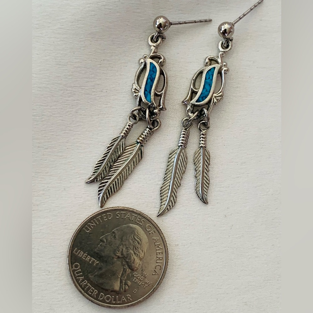 Native American Turquoise and Sterling Drop Feather Charm Earrings Wheeler Mark - Picture 4 of 5